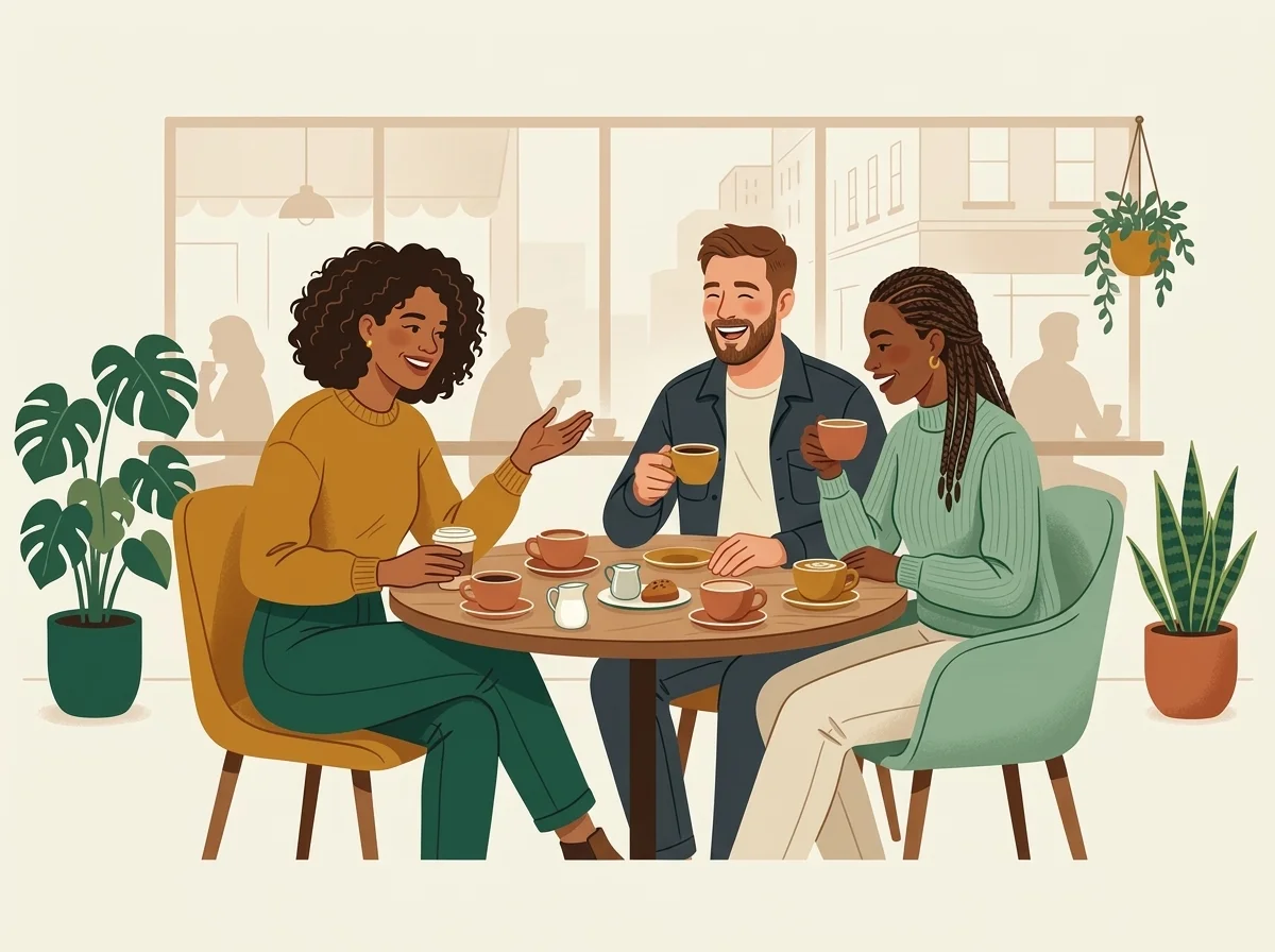 Three friends laughing over coffee at a café table after an evening