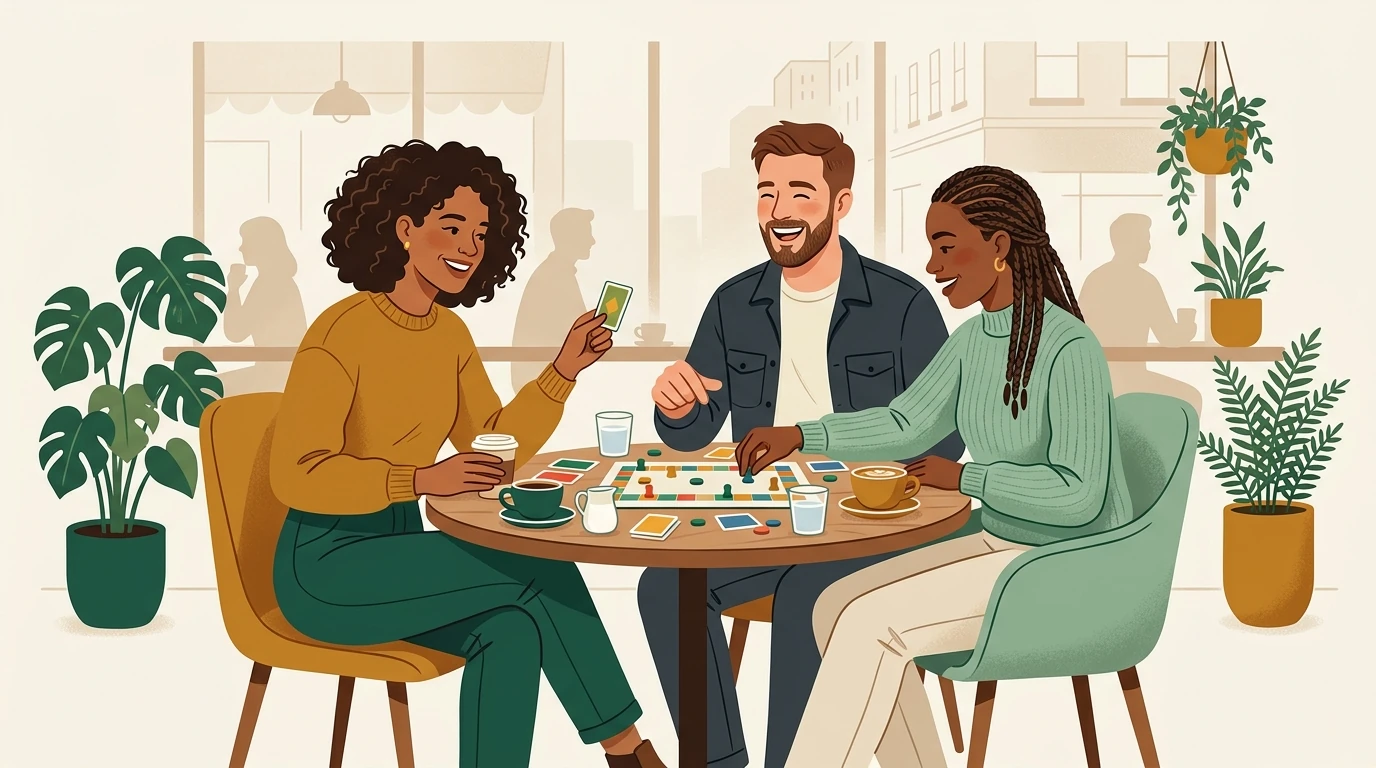 Three people laughing over a board game and coffee in a warm, plant-filled café