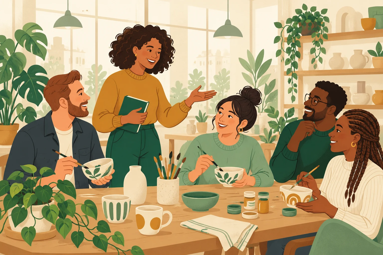 An organizer introduces guests painting ceramic bowls together in a leafy studio