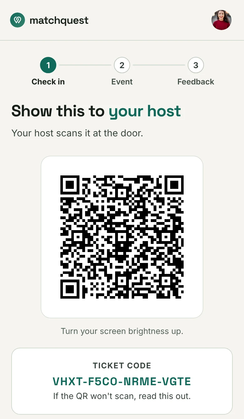 A guest’s phone in the MatchQuest app: step 1 of 3, check in, with the ticket QR code to show the host